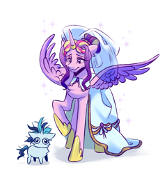 Size: 1708x1777 | Tagged: safe, artist:teaflower300, princess cadance, shining armor, alicorn, pony, unicorn, g4, 2024, alternate hairstyle, clothes, dilated pupils, dress, duo, duo male and female, female, height difference, hoof shoes, horn, horn ring, jewelry, larger female, lidded eyes, looking down, male, mare, meme, messy mane, messy tail, princess shoes, raised hoof, redraw, ring, ship:shiningcadance, shipping, simple background, size difference, smaller male, smiling, sparkles, spread wings, stallion, straight, tail, the bride and the ugly ass groom, toy interpretation, veil, wedding dress, wedding veil, white background, wide eyes, wings