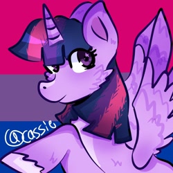 Size: 1024x1024 | Tagged: safe, artist:cassie!, twilight sparkle, alicorn, pony, g4, 2021, bilight sparkle, bisexual pride flag, flag background, icon, looking at you, pride, pride flag, signature, smiling, solo, twilight sparkle (alicorn)