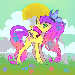 Size: 851x851 | Tagged: safe, artist:cutesykill, fluttershy, butterfly, pegasus, pony, g4, alternate eye color, beanbrows, big ears, blue sclera, cloud, colored eyebrows, colored pinnae, colored sclera, colored wings, colored wingtips, concave belly, day, eyebrows, female, flower, gradient mane, gradient tail, grass, green eyes, long legs, long mane, long tail, looking at something, mare, nature, outdoors, partially open wings, pink mane, pink tail, profile, slender, small wings, solo, standing, sun, tail, tall, tallershy, thin, two toned wings, wavy mane, wavy tail, wings, yellow coat