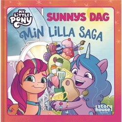 Size: 600x600 | Tagged: safe, egmont, izzy moonbow, sunny starscout, earth pony, unicorn, g5, 2d, book, cute, horn, izzybetes, logo, looking at you, mane stripe sunny, smiling, sunnybetes, sweden, swedish