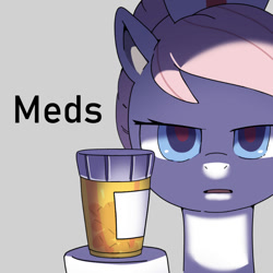 Size: 800x800 | Tagged: safe, artist:talimingi, part of a set, nurse redheart, earth pony, pony, g4, blue eyes, colored pinnae, female, frown, gray background, hat, hoof hold, looking at you, mare, medicine, nurse hat, pills, red pupils, shadow, simple background, solo, take your meds, text, that pony sure does love meds, wingding eyes