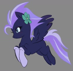 Size: 1359x1322 | Tagged: safe, artist:infinithiez, oc, oc only, oc:navy petal, pegasus, pony, blue coat, blushing, clothes, colored sketch, eyeshadow, female, flower, flower in hair, flying, frown, gray background, green eyes, in air, long mane, long tail, makeup, mare, navy coat, pegasus oc, profile, purple mane, purple tail, simple background, sketch, socks, solo, spread wings, tail, two toned mane, two toned tail, wing fluff, wingding eyes, wings