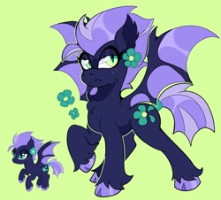 Size: 2048x1848 | Tagged: safe, artist:infinithiez, oc, oc only, oc:navy petal, bat pony, pony, bat pony oc, blue coat, cheek fluff, chest fluff, cloven hooves, coat markings, colored ear fluff, colored pinnae, colored wings, duality, ear fluff, facial markings, female, flower, flower on ear, freckles, frown, green background, green eyes, lidded eyes, lime background, mare, narrowed eyes, navy coat, purple mane, purple tail, raised hoof, simple background, slit pupils, snip (coat marking), solo, spread wings, standing, tail, thick eyelashes, tied tail, two toned mane, two toned tail, two toned wings, unshorn fetlocks, wingding eyes, wings
