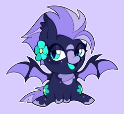 Size: 1816x1680 | Tagged: safe, artist:infinithiez, oc, oc only, oc:navy petal, bat pony, pony, bat pony oc, blaze (coat marking), blue coat, blue tongue, blushing, chibi, coat markings, colored eartips, colored muzzle, colored tongue, colored wings, ear tufts, facial markings, female, flower, flower on ear, freckles, lidded eyes, looking away, mare, navy coat, open mouth, open smile, purple background, purple mane, purple tail, simple background, sitting, slit pupils, smiling, snip (coat marking), socks (coat markings), solo, spread wings, tail, teal eyes, thick eyelashes, two toned mane, two toned tail, two toned wings, wingding eyes, wings