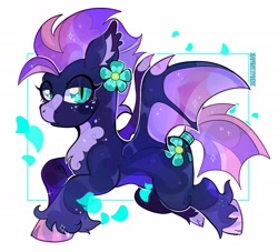 Size: 2048x1861 | Tagged: safe, artist:infinithiez, oc, oc only, oc:navy petal, bat pony, pony, bat pony oc, blaze (coat marking), blue coat, border, cheek fluff, chest fluff, cloven hooves, coat markings, colored belly, colored ear fluff, colored hooves, colored muzzle, ear fluff, ear tufts, facial markings, female, flower, flower on ear, flying, freckles, frown, lidded eyes, looking at you, mare, multicolored mane, multicolored tail, navy coat, petals, purple mane, purple tail, shiny coat, shiny hooves, shiny mane, shiny tail, short tail, signature, slit pupils, solo, sparkly mane, sparkly tail, tail, teal eyes, tied tail, transparent wings, unshorn fetlocks, wings