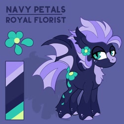 Size: 2000x2000 | Tagged: safe, artist:infinithiez, oc, oc only, oc:navy petal, bat pony, pony, bat pony oc, big ears, chest fluff, coat markings, color palette, colored eartips, colored hooves, colored wings, ear fluff, female, flower, flower on ear, freckles, leg fluff, lidded eyes, looking at you, mare, purple background, purple mane, purple tail, reference sheet, simple background, slit pupils, smiling, smiling at you, socks (coat markings), solo, spread wings, standing, tail, teal eyes, text, thick eyelashes, tied tail, two toned mane, two toned tail, two toned wings, wingding eyes, wings