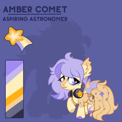 Size: 2000x2000 | Tagged: safe, artist:infinithiez, oc, oc only, oc:amber comet, bat pony, pony, bags under eyes, bat pony oc, big eyes, big tail, blaze (coat marking), coat markings, color palette, colored eartips, colored hooves, colored muzzle, colored wings, ear fluff, ear tufts, facial markings, female, filly, foal, freckles, headphones, hooves, lidded eyes, long hair, long tail, looking away, multicolored hooves, purple background, purple eyes, purple text, raised hoof, reference sheet, simple background, slit pupils, smiling, socks (coat markings), solo, sparkly tail, spread wings, standing, tail, text, thick eyelashes, two toned tail, two toned wings, wingding eyes, wings, yellow coat, yellow tail
