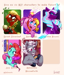 Size: 2705x3156 | Tagged: safe, artist:soniana_draws, alphabittle blossomforth, jazz hooves, opaline arcana, rarity (g3), sprout cloverleaf, alicorn, earth pony, pony, unicorn, g3, g5, angry, female, horn, male, mare, open mouth, open smile, six fanarts, smiling, stallion