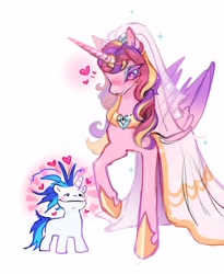 Size: 2304x2806 | Tagged: safe, artist:madisockz, princess cadance, alicorn, pony, unicorn, g4, blushing, clothes, dishevelled, dress, heart, horn, meme, size difference, smiling, the bride and the ugly ass groom, toy interpretation, wedding dress