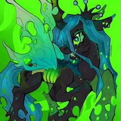 Size: 2037x2048 | Tagged: safe, artist:infinithiez, queen chrysalis, changeling, changeling queen, pony, g4, big eyes, big horn, black coat, blush sticker, blushing, carapace, changeling horn, cheek fluff, colored eartips, colored horn, colored mouth, crown, ear piercing, earring, fangs, female, fire, gills, green eyes, green sclera, horn, insect wings, jewelry, long mane, long tail, mare, patterned background, piercing, regalia, sharp teeth, signature, smiling, solo, spread wings, tail, teal mane, teal tail, teeth, thick eyelashes, tiara, torn ear, torn wings, wingding eyes, wings