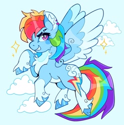 Size: 1904x1920 | Tagged: safe, artist:infinithiez, rainbow dash, pegasus, pony, g4, alternate design, blue coat, blush sticker, blushing, cheek fluff, chest fluff, cloud, cloven hooves, coat markings, colored belly, colored ear fluff, colored hooves, colored pinnae, colored wings, colored wingtips, countershading, day, ear fluff, ear piercing, earring, eyebrow slit, eyebrows, female, flying, in air, jewelry, long tail, looking back, mare, messy mane, messy tail, multicolored hair, multicolored mane, multicolored tail, narrowed eyes, pale belly, piercing, pink eyes, profile, rainbow hair, rainbow tail, redesign, shiny hooves, sky background, smiling, socks (coat markings), solo, spread wings, tail, thick eyelashes, two toned wings, unshorn fetlocks, wingding eyes, wings