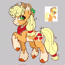 Size: 2048x2048 | Tagged: safe, artist:infinithiez, applejack, earth pony, pony, g4, alternate color palette, alternate design, applejack's hat, bandana, big ears, blonde mane, blonde tail, coat markings, colored belly, colored eartips, colored hooves, colored sketch, cowboy hat, duality, ear fluff, ear tufts, facial markings, female, fetlock tuft, flower, freckles, gray background, green eyes, hat, looking back, mare, mealy mouth (coat marking), messy mane, messy tail, orange coat, pale belly, ponytail, raised hoof, redesign, simple background, sketch, smiling, socks (coat markings), solo, splotches, standing, tail, thick eyelashes, tied mane, tied tail, wingding eyes, yellow mane, yellow tail