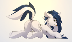 Size: 2000x1170 | Tagged: safe, artist:n_thing, oc, oc only, oc:muffinkarton, pony, unicorn, butt, cheek fluff, dock, explicit source, eyebrows, eyebrows visible through hair, featureless crotch, female, horn, looking at you, looking back, looking back at you, mare, plot, raised tail, smiling, smiling at you, solo, tail, tongue out, underhoof, unicorn oc