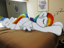 Size: 1200x900 | Tagged: safe, artist:spainfischer, derpibooru exclusive, edit, rainbow dash, human, pegasus, pony, anthro, g4, 2011, bed, bedroom, draw over, fursuit, in bed, irl, irl human, lying down, mirror, onomatopoeia, photo, ponysuit, prone, sleeping, smiling, solo, sound effects, trace, zzz