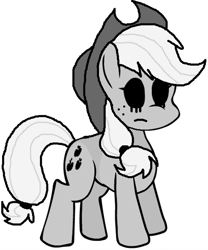 Size: 820x987 | Tagged: safe, artist:rainbrony, editor:princess-paige-place-of-fun, applejack, earth pony, pony, g4, applejack's hat, black and white, black sclera, concave belly, cowboy hat, creepypasta, female, freckles, friday night funkin', grayscale, hat, mare, monochrome, simple background, transparent background, zalgo, zalgojack