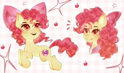 Size: 1199x707 | Tagged: safe, artist:furaneesu, apple bloom, earth pony, pony, g4, adorabloom, alternate hairstyle, cute, female, filly, foal, freckles, open mouth, patterned background, smiling, solo