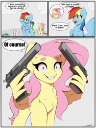Size: 3000x4000 | Tagged: safe, artist:skitsroom, fluttershy, rainbow dash, pegasus, pony, g4, may the best pet win, chest fluff, comic, creepy, creepy smile, desert eagle, dialogue, duo, eyebrows, eyebrows visible through hair, female, flutterbitch, gray background, grin, gun, handgun, high res, mare, no trigger discipline, open mouth, open smile, pistol, shrunken pupils, signature, simple background, smiling, speech bubble, spread wings, starry eyes, this will end in jail time, weapon, wing hands, wingding eyes, wings