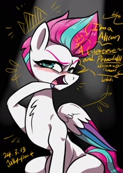 Size: 1240x1754 | Tagged: safe, artist:jully-park, zipp storm, pegasus, pony, g5, my little pony: tell your tale, the lone alicorn, spoiler:g5, spoiler:my little pony: tell your tale, spoiler:tyts02e07, adorazipp, black background, chest fluff, concave belly, cute, dialogue, eyebrows, female, fit, lidded eyes, mare, neck fluff, open mouth, open smile, queen zipp storm, scene interpretation, simple background, sitting, slender, smiling, solo, thin, unshorn fetlocks