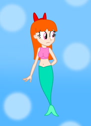 Size: 560x773 | Tagged: safe, artist:princess-paige-place-of-fun, human, mermaid, equestria girls, g4, barely eqg related, belly button, blossom (powerpuff girls), bow, bra, breasts, bubble, clothes, crossover, female, fish tail, hair bow, ocean, scales, swimming, tail, the powerpuff girls, underwater, underwear, water