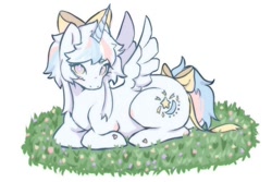 Size: 1000x666 | Tagged: safe, artist:houndkisses, oc, alicorn, pony, alicorn oc, grass, horn, lying down, prone, solo, wings