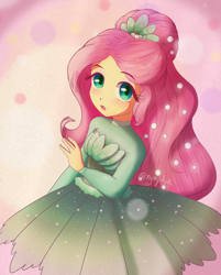 Size: 2000x2490 | Tagged: safe, artist:nymphia18, fluttershy, human, equestria girls, g4, my little pony equestria girls: better together, so much more to me, :o, alternate hairstyle, clothes, dress, female, high res, looking at you, open mouth, solo