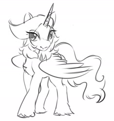 Size: 1832x1958 | Tagged: safe, artist:opalacorn, oc, oc only, alicorn, pony, alicorn oc, eye clipping through hair, female, grayscale, horn, mare, monochrome, simple background, sketch, smiling, solo, unshorn fetlocks, white background, wings