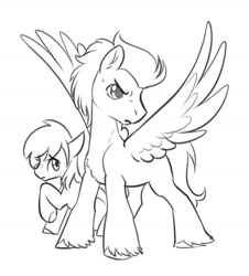 Size: 1678x1857 | Tagged: safe, artist:opalacorn, oc, oc only, earth pony, pegasus, pony, chest fluff, duo, frown, furrowed brow, grayscale, monochrome, protecting, simple background, size difference, spread wings, unshorn fetlocks, white background, wings