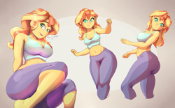 Size: 4181x2584 | Tagged: safe, artist:azuretto, sunset shimmer, human, equestria girls, g4, ass, barefoot, belly button, breasts, bunset shimmer, busty sunset shimmer, butt, clothes, feet, female, high res, leggings, looking at you, midriff, smiling, smiling at you, solo, the ass was fat