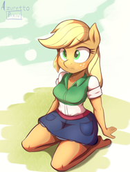 Size: 3000x4000 | Tagged: safe, artist:azuretto, applejack, earth pony, anthro, unguligrade anthro, g4, clothes, equestria girls outfit, female, high res, kneeling, solo