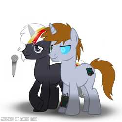 Size: 3600x3600 | Tagged: safe, artist:ramixe dash, oc, oc only, oc:littlepip, oc:velvet remedy, pony, unicorn, fallout equestria, g4, duo, female to male, glowing, glowing horn, horn, male, microphone, rule 63, simple background, stallion, text, transparent background