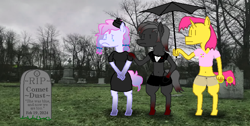 Size: 1568x792 | Tagged: safe, artist:shrimpbucket, oc, oc:blood stain, oc:comet dust, oc:heavy weather, oc:twister pop, anthro, unguligrade anthro, 1000 hours in ms paint, clothes, crying, dress, frown, gravestone, graveyard, hand in pocket, hand on shoulder, hat, polo shirt, sad, shirt, shorts, t-shirt, umbrella