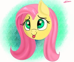 Size: 3000x2500 | Tagged: safe, artist:kenzie, derpibooru exclusive, fluttershy, pegasus, pony, g4, :p, bust, cute, disembodied head, head only, paint tool sai, portrait, shyabetes, signature, simple background, simple shading, solo, tongue out