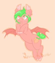 Size: 1387x1572 | Tagged: safe, artist:luna_mcboss, oc, oc:sploosh, bat, bat pony, fruit bat, pony, bat pony oc, bat wings, ear fluff, fangs, feathered fetlocks, floating, food, fruit, green hair, peach, pink background, pink coat, pink eyes, short mane, simple background, wings