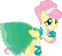 Size: 3444x3129 | Tagged: safe, artist:sketchmcreations, fluttershy, pegasus, pony, g4, green isn't your color, season 1, alternate hairstyle, clothes, dress, female, gown, green, headdress, mare, modelshy, raised hoof, simple background, smiling, transparent background, vector