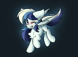 Size: 1500x1100 | Tagged: safe, artist:rejiser, oc, oc only, oc:lily, pegasus, pony, chest fluff, cute, dark background, ear fluff, ears back, female, flying, gray background, looking at you, one eye closed, raised hoof, simple background, solo, tail, tongue out, wings, wink