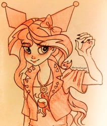 Size: 1734x2048 | Tagged: safe, artist:dariarchangel, sunset shimmer, human, g4, bow, crossover, female, fingernails, hair bow, humanized, jewelry, kuromi, long nails, monochrome, necklace, sanrio, solo, traditional art