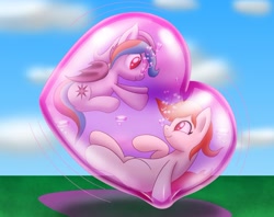 Size: 1200x950 | Tagged: safe, artist:bladedragoon7575, oc, oc only, oc:copper moon, oc:silver star, bat pony, earth pony, bat pony oc, blank flank, bubble, cute, duo, heart, heart eyes, in bubble, looking at each other, looking at someone, reaching, smiling, smiling at each other, swimming, underwater, water, wingding eyes