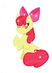 Size: 1624x2268 | Tagged: safe, artist:sparkly-retsuko, apple bloom, earth pony, pony, g4, colored pupils, female, filly, foal, looking at you, simple background, sitting, smiling, smiling at you, solo, white background