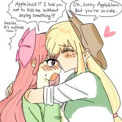 Size: 2000x2000 | Tagged: safe, artist:meowjuice_, apple bloom, applejack, human, equestria girls, g4, apple sisters, blushing, dialogue, eyes closed, female, heart, high res, kissing, open mouth, sibling love, siblings, simple background, sisterly love, sisters, speech bubble, sweat, sweatdrop, text, white background