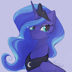 Size: 2048x2048 | Tagged: safe, artist:lizzwolfiedraws, princess luna, alicorn, pony, g4, blue eyes, blue mane, colored pupils, crown, digital art, ethereal mane, eyelashes, eyeshadow, female, flowing mane, folded wings, horn, jewelry, makeup, mare, peytral, purple background, regalia, signature, simple background, solo, starry mane, sternocleidomastoid, wings
