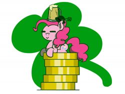 Size: 1800x1350 | Tagged: safe, artist:flutterluv, pinkie pie, earth pony, pony, g4, beer mug, clover, coin, eyes closed, hat, holiday, lying down, prone, saint patrick's day, smiling, solo