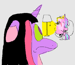 Size: 726x625 | Tagged: safe, artist:twigsyy, starlight glimmer, twilight sparkle, pony, unicorn, g4, alcohol, alternate color palette, duo, glass, gray background, horn, lamp, simple background, stare, unicorn twilight, wine, wine glass