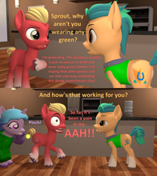 Size: 1920x2160 | Tagged: safe, artist:red4567, hitch trailblazer, izzy moonbow, sprout cloverleaf, earth pony, pony, unicorn, g4, g5, 3d, clothes, comic, dialogue, female, g5 to g4, generation leap, green clothes, holiday, hoodie, horn, literal butthurt, male, mare, ouch, pain, pinch, saint patrick's day, smiling, source filmmaker, stallion, sweater, unshorn fetlocks, vest