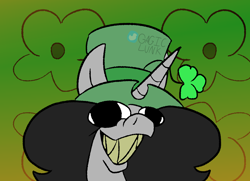Size: 1240x900 | Tagged: safe, artist:gagiclunk, oc, oc:damian diablo, alicorn, alicorn oc, big eyes, gradient background, green background, holiday, horn, saint patrick's day, wings, wonky