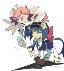 Size: 1653x1836 | Tagged: safe, artist:arrcticc_fish, earth pony, pegasus, pony, amanda o'neill, bow, clothes, constanze amalie von braunschbank-albrechtsberger, crossover, female, goggles, goggles on head, hair bow, little witch academia, mare
