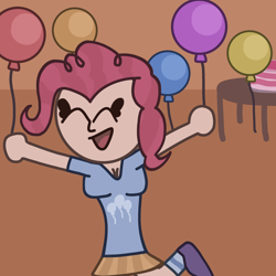 Size: 2500x2500 | Tagged: safe, artist:icestarion, pinkie pie, human, g4, cake, clothes, eyes closed, female, food, humanized, open mouth, party, shirt, shoes, skirt, socks, solo, striped socks, t-shirt, table