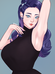Size: 1800x2400 | Tagged: safe, artist:suracao, rarity, human, g4, alternate hairstyle, armpits, big breasts, breasts, busty rarity, clothes, ear piercing, earring, eyeshadow, female, humanized, jewelry, makeup, piercing, sleeveless, sleeveless sweater, solo, sweater
