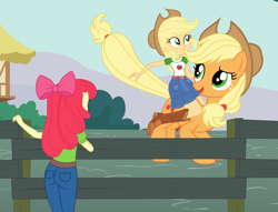 Size: 4252x3250 | Tagged: safe, artist:gmaplay, apple bloom, applejack, earth pony, human, pony, equestria girls, g4, apple bloom's bow, applejack's hat, bloom butt, bow, butt, cowboy hat, female, hair bow, hat, human ponidox, humans riding ponies, riding, self paradox, self ponidox, trio