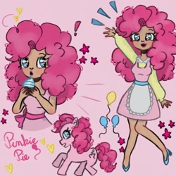 Size: 1280x1280 | Tagged: dead source, safe, artist:artmiiracle, pinkie pie, earth pony, human, pony, g4, alternate hairstyle, apron, clothes, cupcake, dress, female, food, high heels, humanized, lipstick, makeup, mare, open mouth, pink background, shoes, simple background, solo, waving