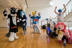 Size: 1536x1022 | Tagged: safe, derpy hooves, dj pon-3, pinkie pie, vinyl scratch, human, galacon, g4, 2022, clothes, convention, cosplay, costume, furry, fursuit, galacon 2022, group, hololive, hoodie, indoors, irl, irl human, photo, plushie, ponysuit, quartet